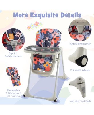 Baby High Chair w/ 7 Height & 3 Footrest Adjustable Cup holder 2 Wheels Flower