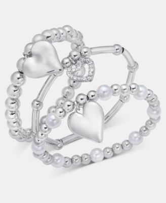3-Pc. Set Pav&eacute; Heart Imitation Pearl Beaded Stretch Bracelets