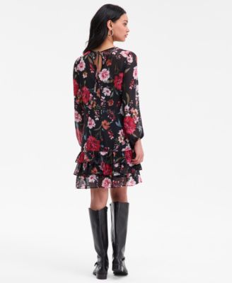 Petite Floral Long-Sleeve Tiered-Hem Dress