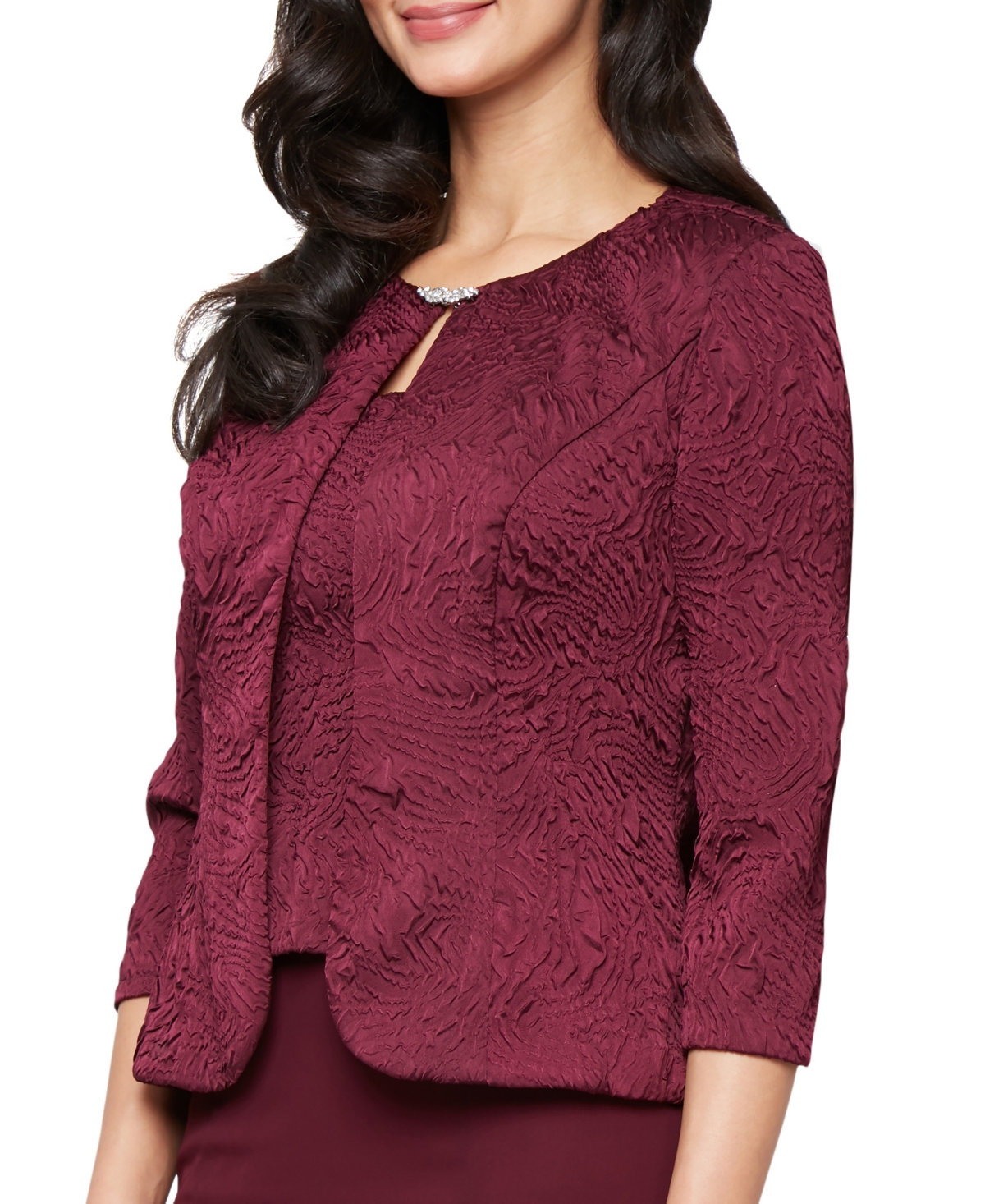 Alex Evenings Petite Tea-length Textured Jacquard Dress And Jacket In Burgundy
