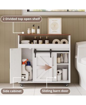 Toilet Paper Cabinet with Rolling Wheels, Paper Holes, White/Walnut