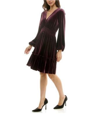 Women's V-Neck Smocked-Waist Long-Sleeve Velvet Dress