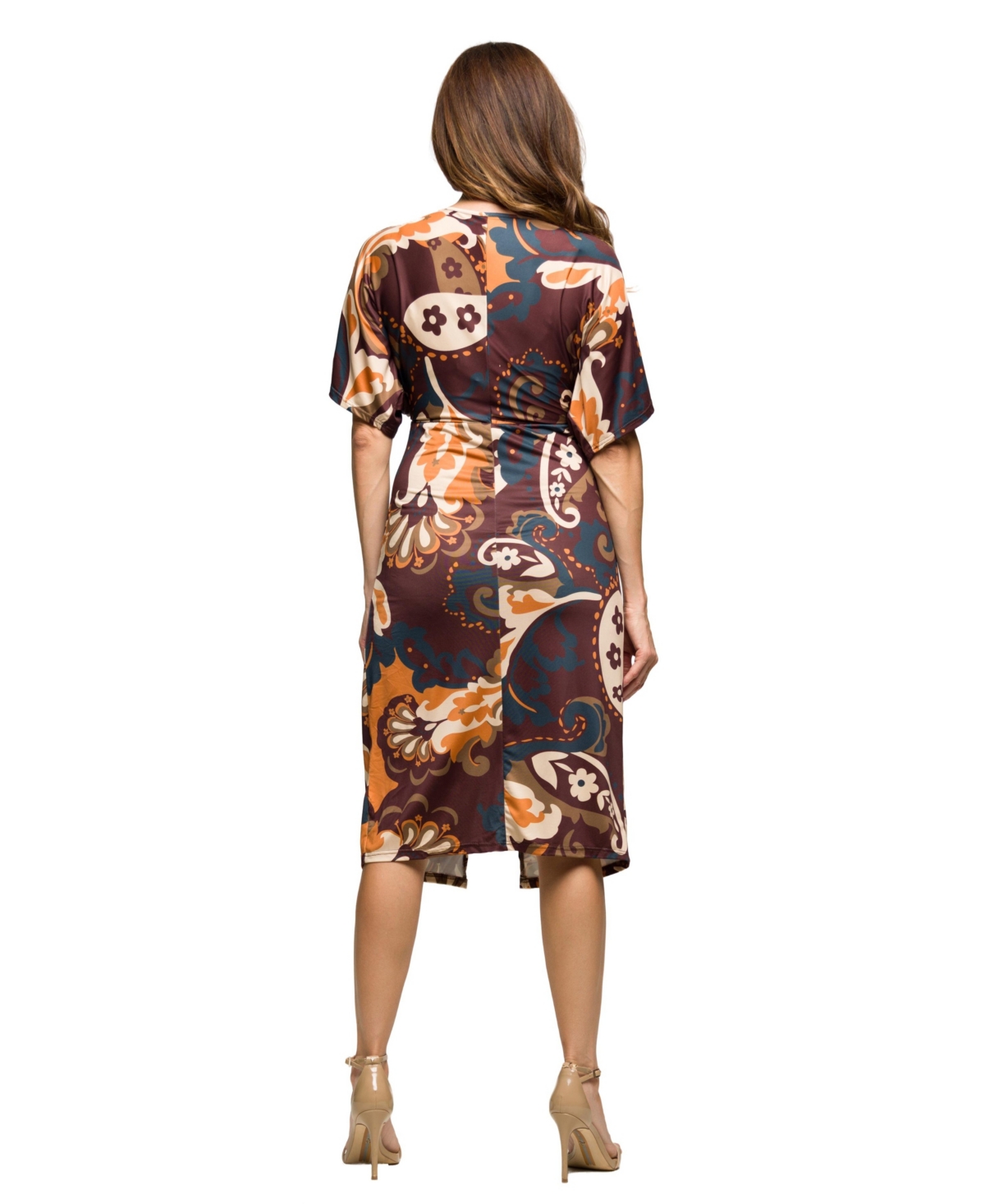 24seven Comfort Apparel Short Sleeve Knot Front Midi Dress In Brown