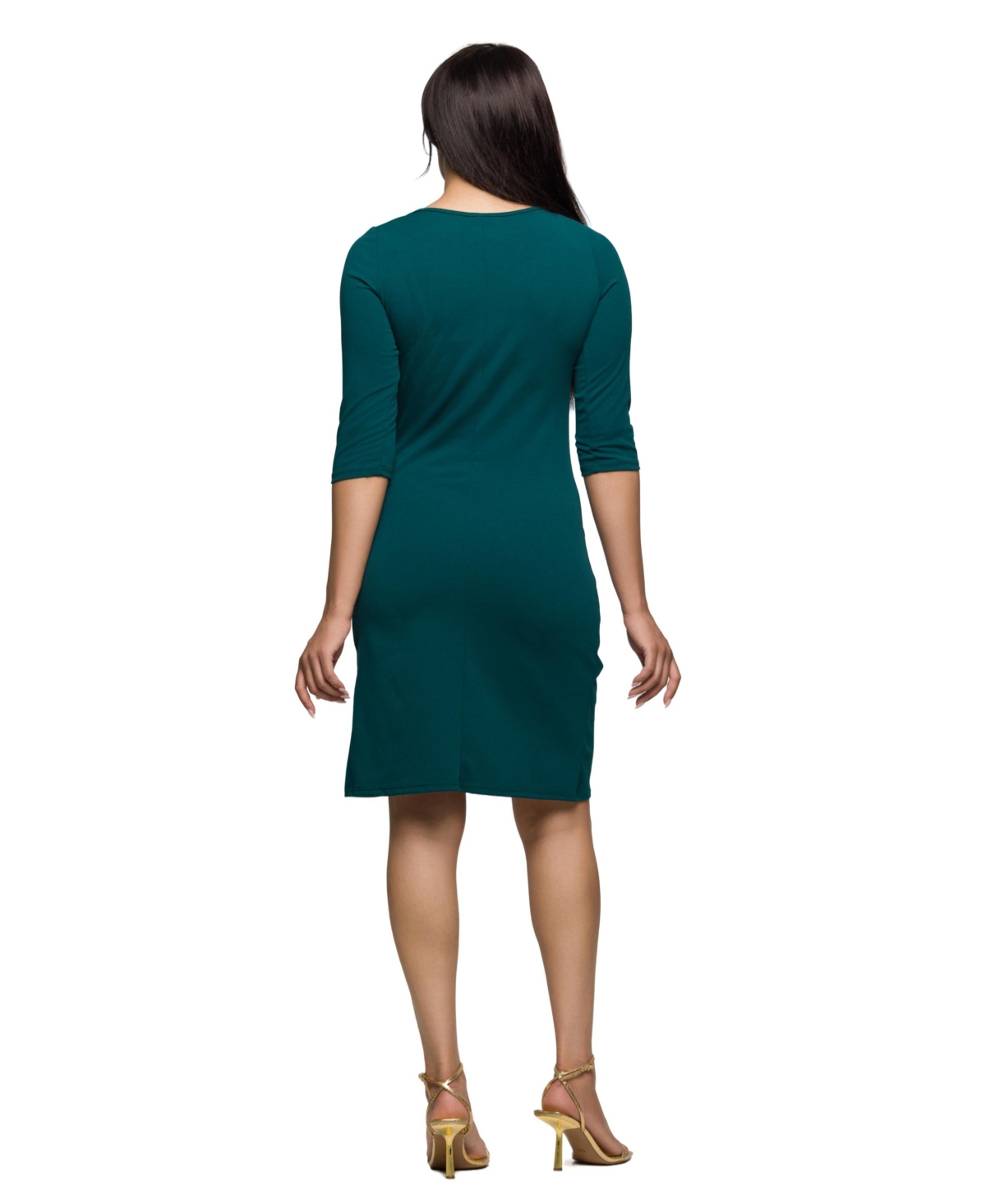 24seven Comfort Apparel Three Quarter Sleeve Ruched Tulip Hem Mini Dress In Green