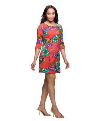 Women's Orange Floral Print Three Quarter Sleeve A Line Knee Length Dress