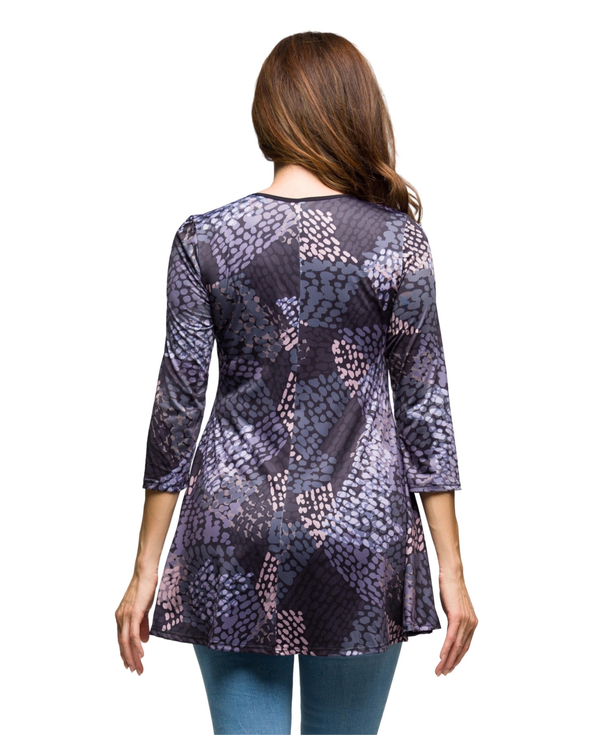 24seven Comfort Apparel Abstract Print V-neck Three Quarter Sleeve Tunic Top In Gray