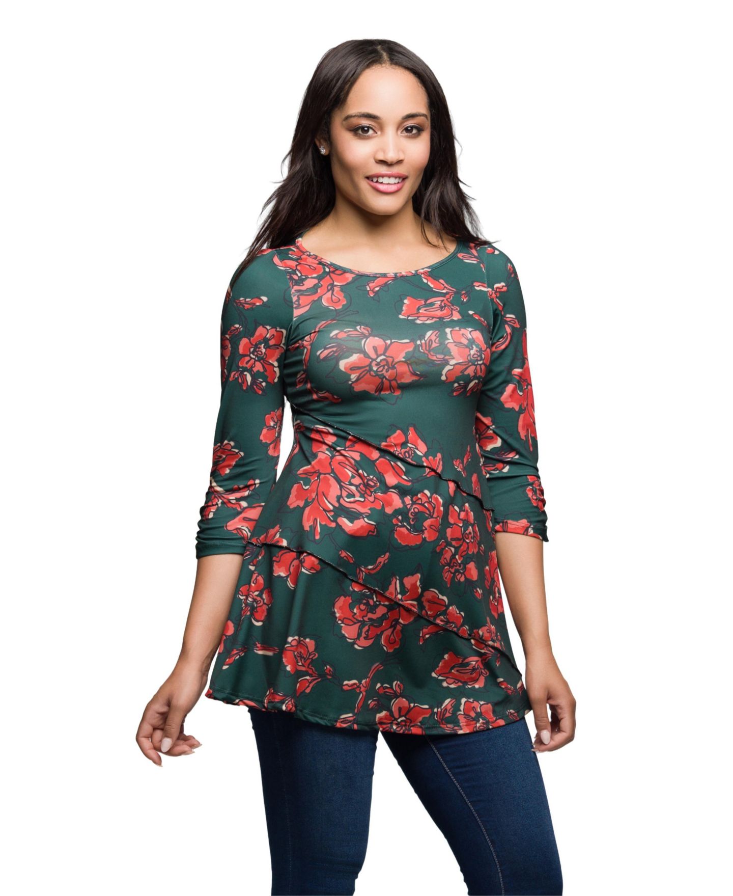 Женский топ 24seven Comfort Apparel Green Floral Print Three Quarter Sleeve Tunic Top, цвет: Оранжевый разноцветный — фото 2
