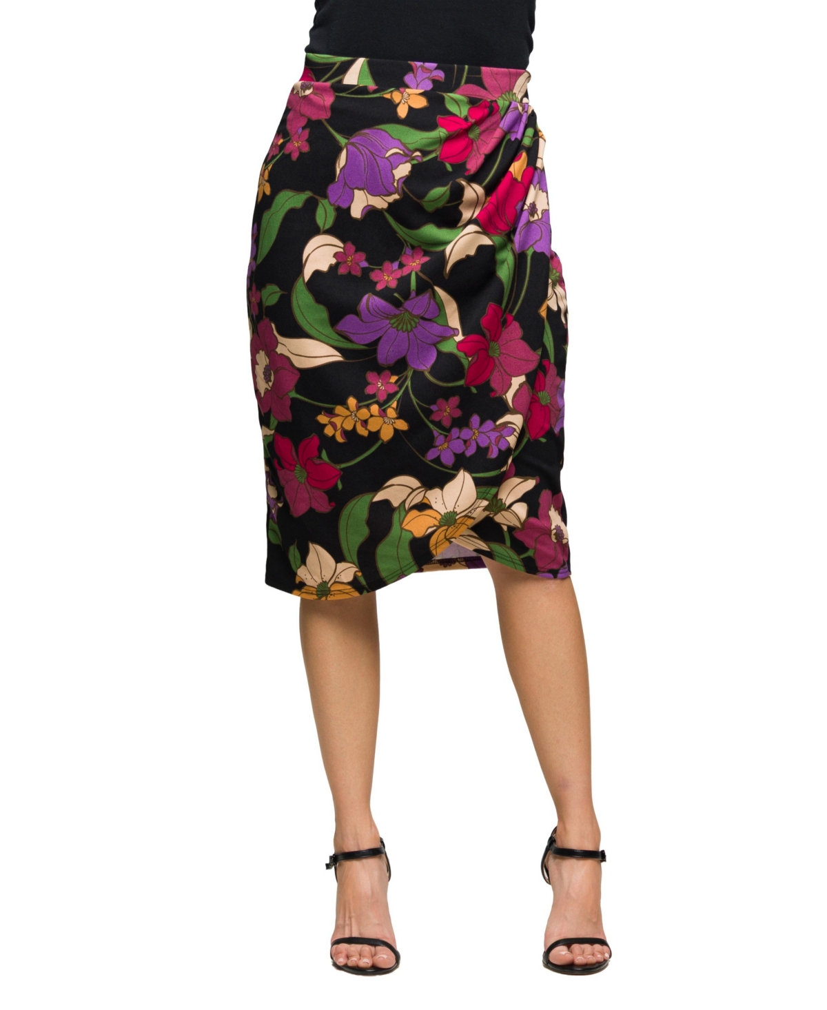 24seven Comfort Apparel Women's Black Multi Floral Print Midi Pencil Skirt