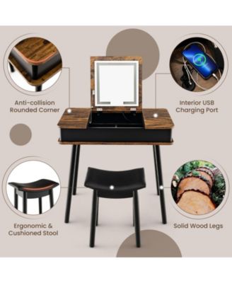 Vanity Table Set with Flip Top Mirror and 6 Storage Compartments