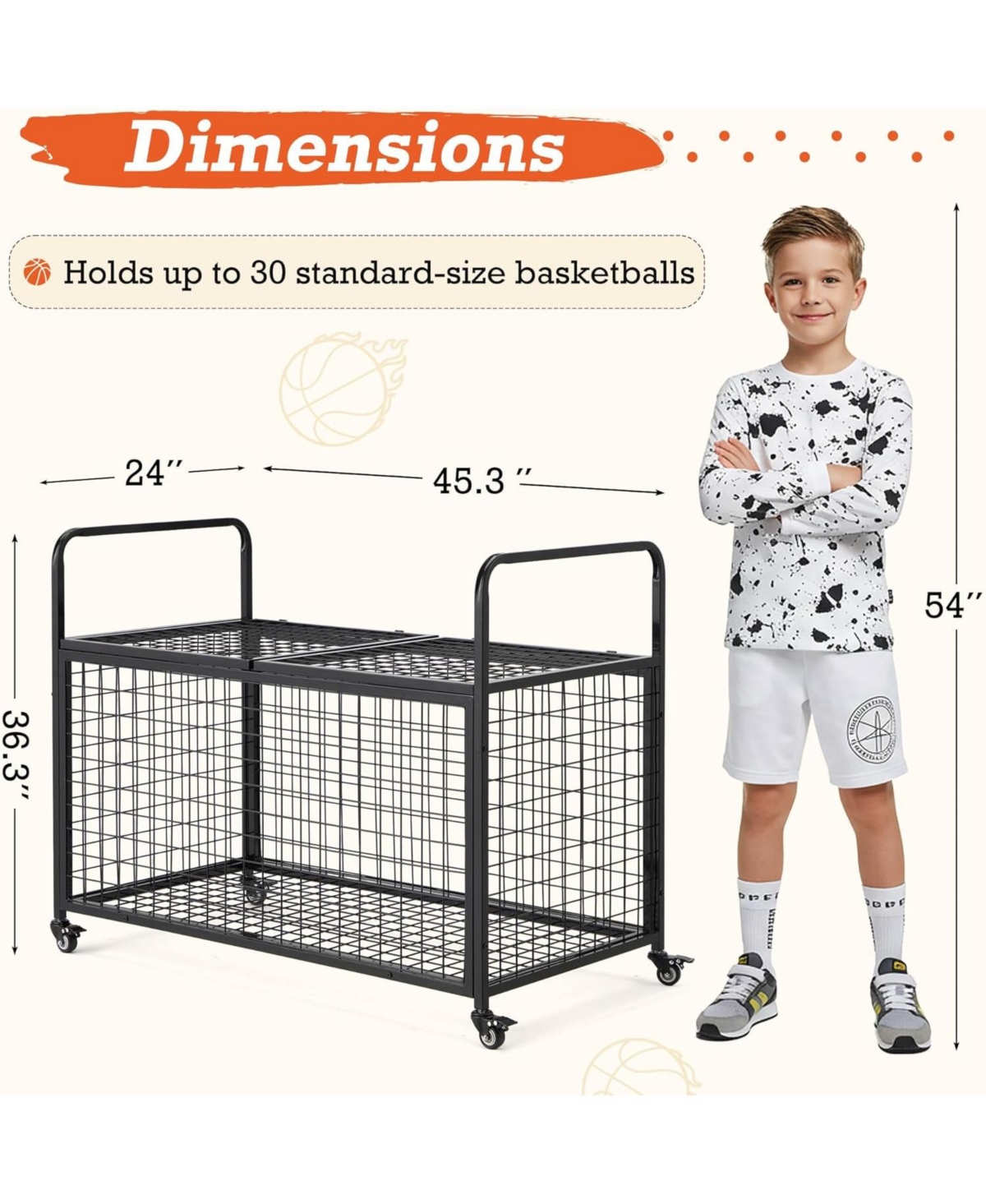 Aecojoy Ball Cart Storage, Rolling Basketball Bin with Wheels for Garage, School, Gym, Sports Equipment and Toy Organizer,Extra Large