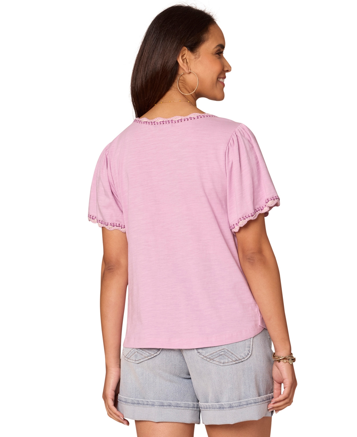 Democracy Women's Petite Crochet Split V-neck Top In Pink