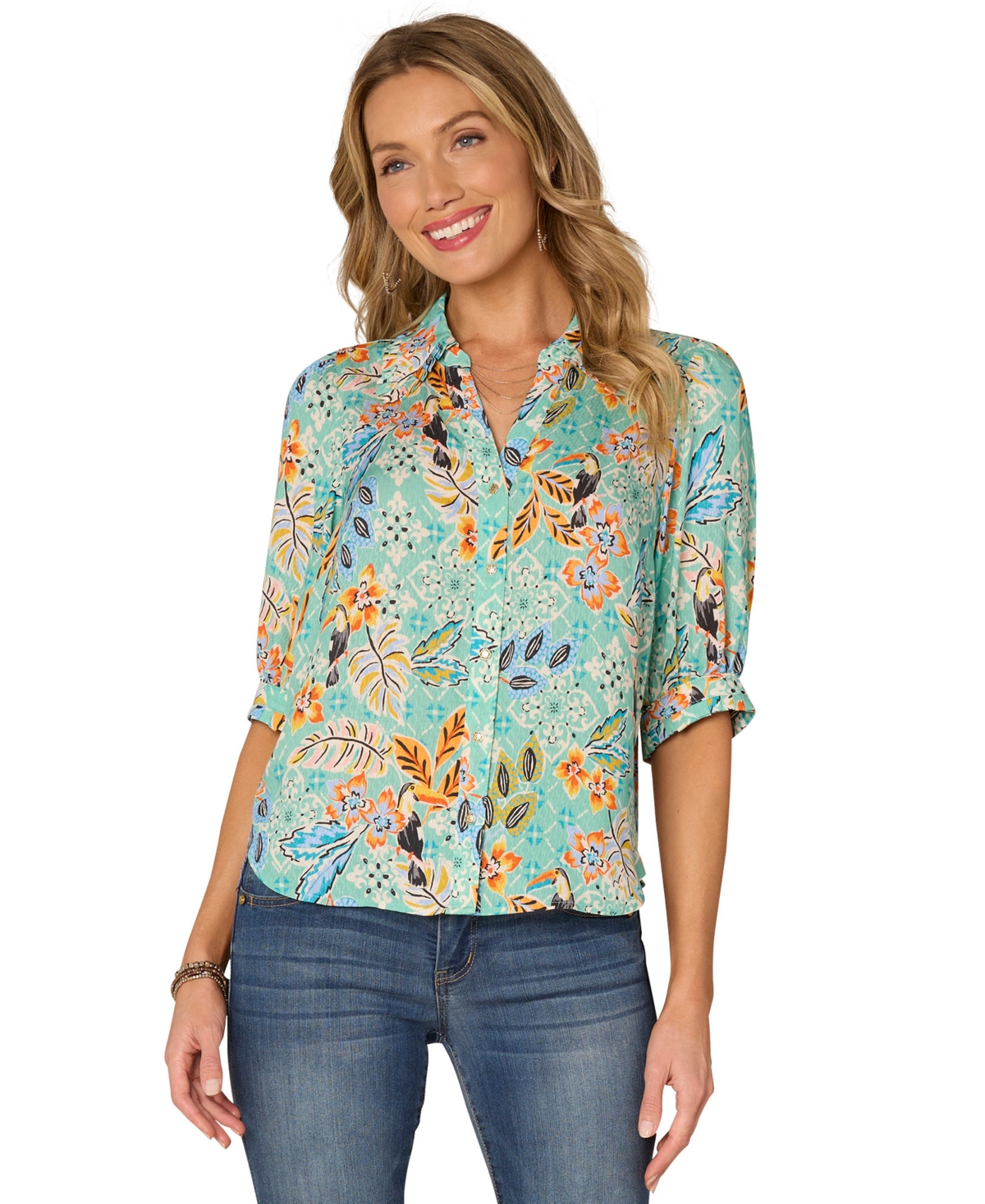 Democracy Women's Petite Printed Ruffle Edge Collar Top In Multi