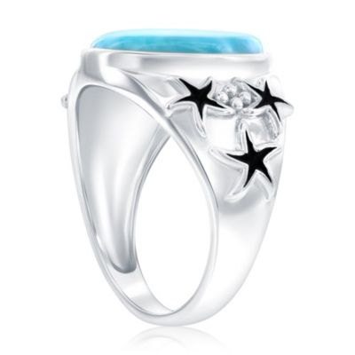 Sterling Silver, Oval Larimar, Oxidized Starfish Ring
