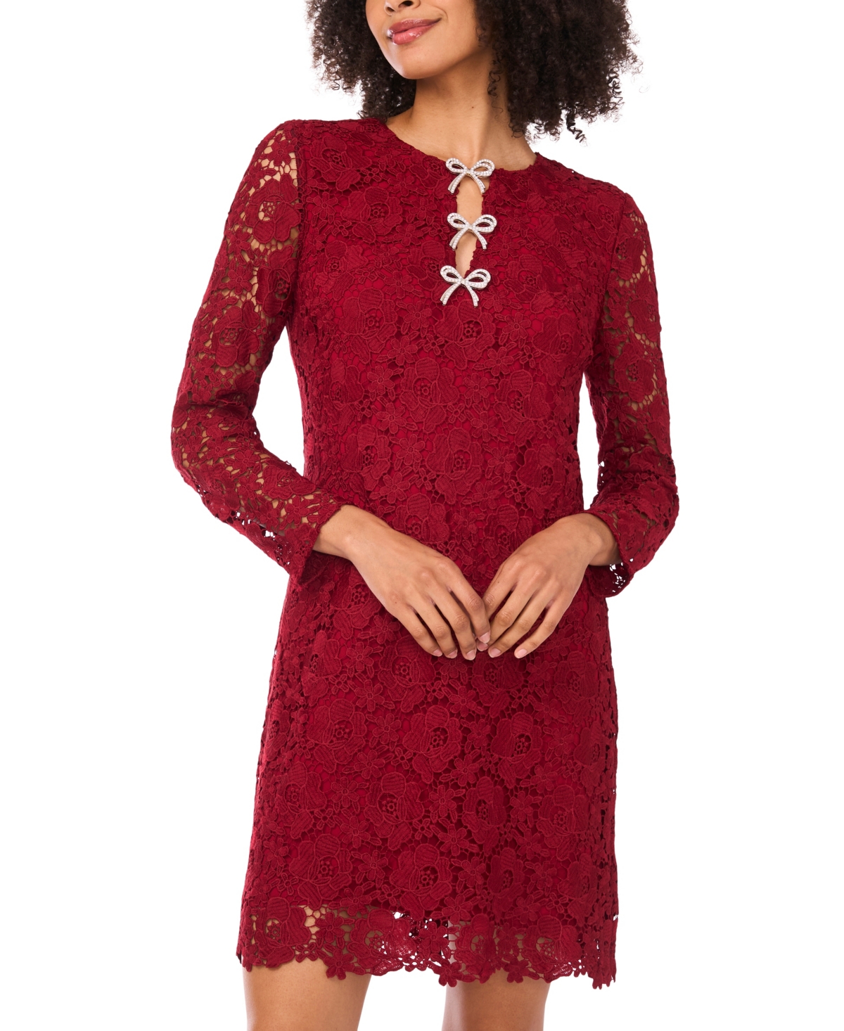 Cece Bow Trim Lace Sheath Dress In Brown