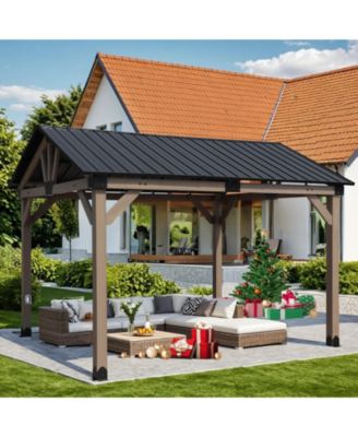 10 x 12 ft Wooden Frame Gazebo with Galvanized Metal Hardtop Roof, Outdoor Patio Gazebo with Charging Socket for Patio