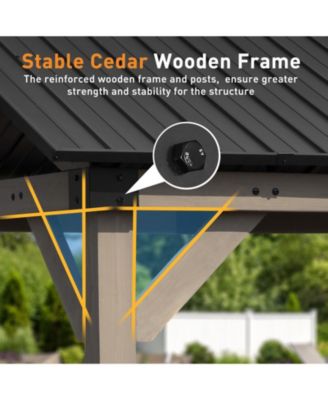 10 x 12 ft Wooden Frame Gazebo with Galvanized Metal Hardtop Roof, Outdoor Patio Gazebo with Charging Socket for Patio