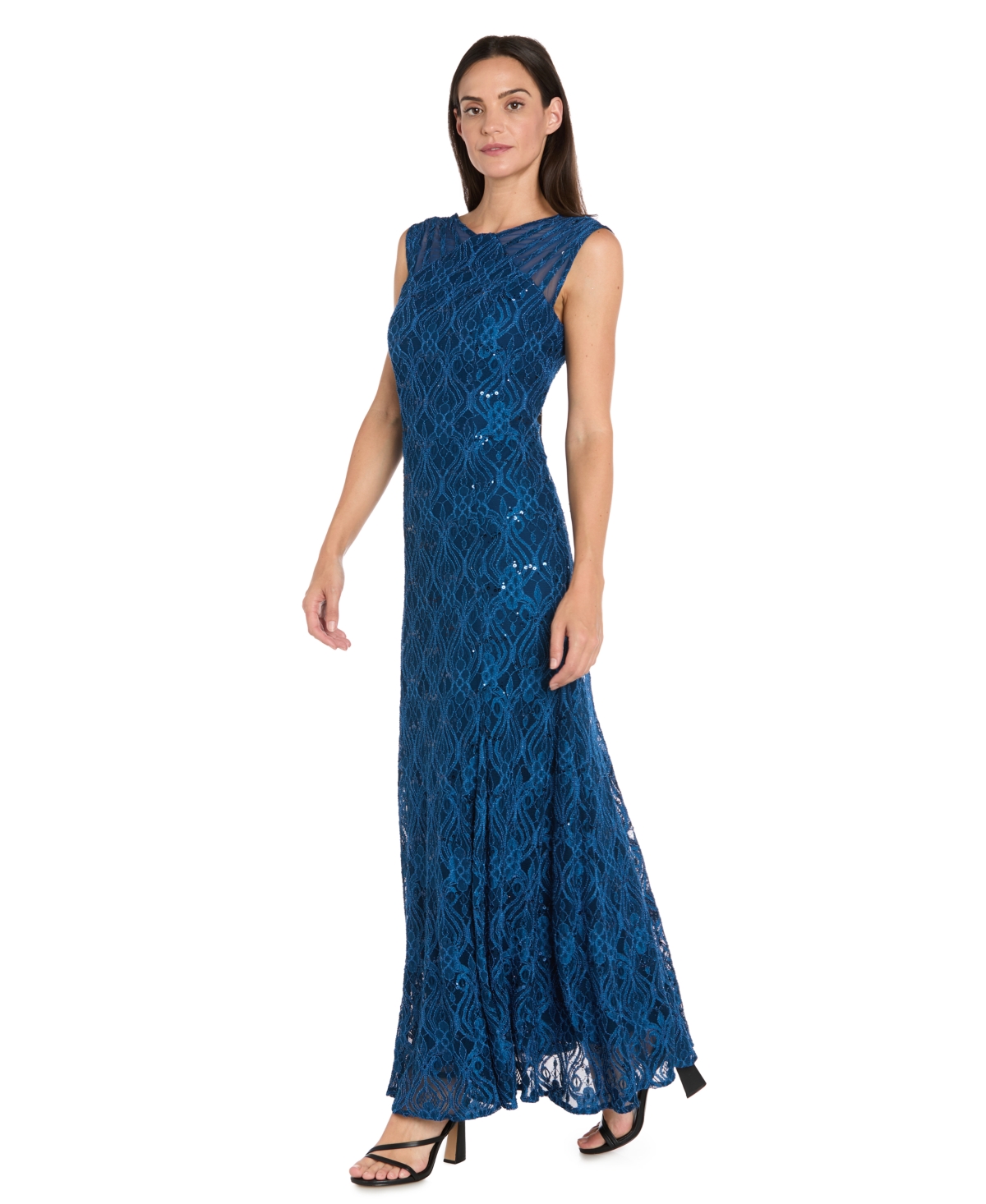 R & M Richards Women's Long Embellished Illusion-detail Lace Gown In Blue