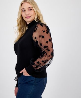 Trendy Plus Size Sheer-Sleeve Mock Neck Top