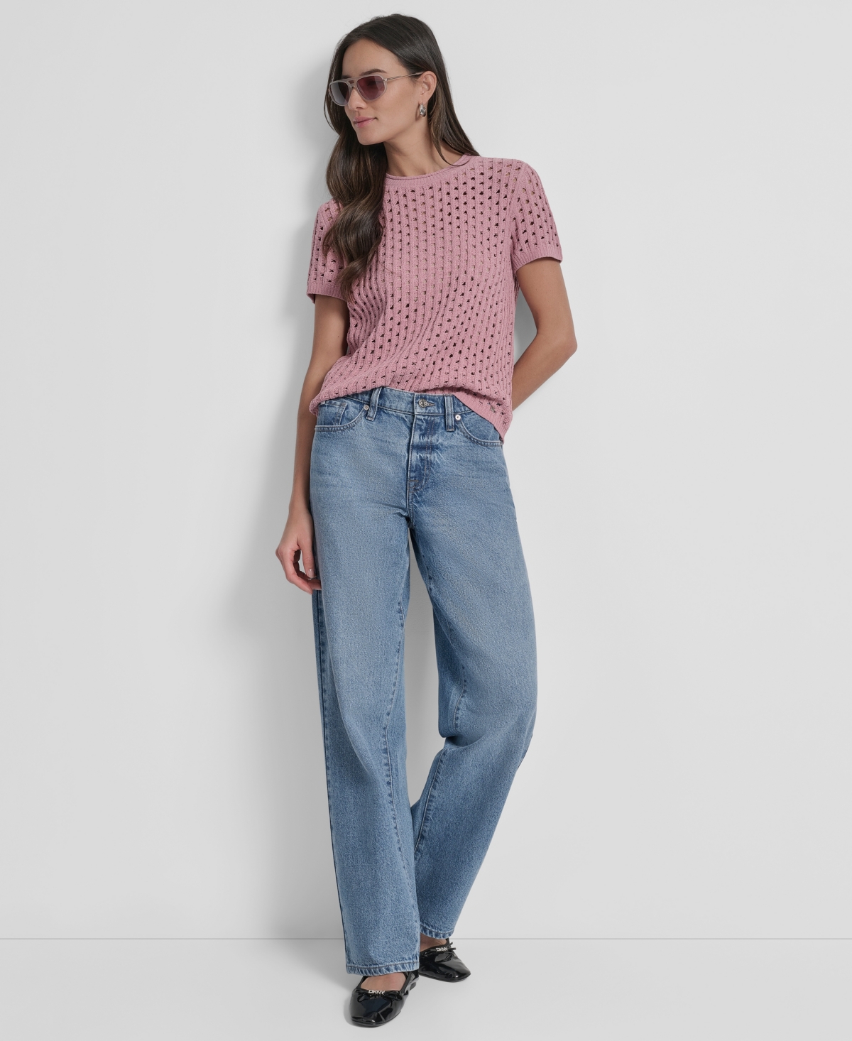 Dkny Jeans Petite Open-stitch Crewneck Sweater In Pink