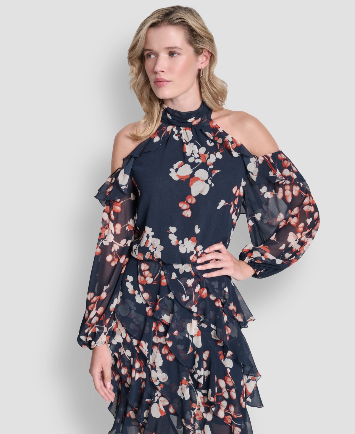 Dkny Cold Shoulder Mock Neck Ruffle Dress In Multi