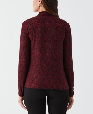 Petite Honeycomb Mosaic Print Ruched Mock Neck Long Sleeve Top