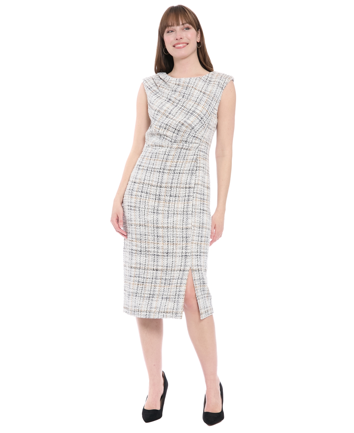 London Times Plaid Sleeveless Bouclé Midi Sheath Dress In Neutral