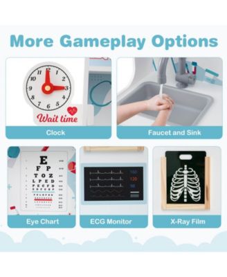 Wooden Doctor Play Set with Clock Sink Eye Chart ECG Monitor Exam Area Storage