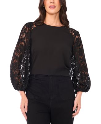 (取寄) ヴィンスカムート レディース クルー ネック レース スリーブ ロング スリーブ Vince Camuto women Crew Neck Lace Sleeves Long Sleeve Rich Black Vince Camuto Women's Crewneck Lace 3/4-Sleeve Blouse - Macy's