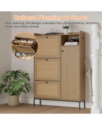 Shoe Cabinet with 3 Flip Drawers, Rattan Freestanding Organizer with Adjustable Shelves 35.43&amp;#x22;x9.4&amp;#x22;x51.97&amp;#x22;