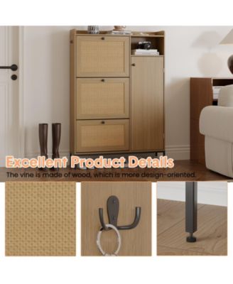 Shoe Cabinet with 3 Flip Drawers, Rattan Freestanding Organizer with Adjustable Shelves 35.43&amp;#x22;x9.4&amp;#x22;x51.97&amp;#x22;