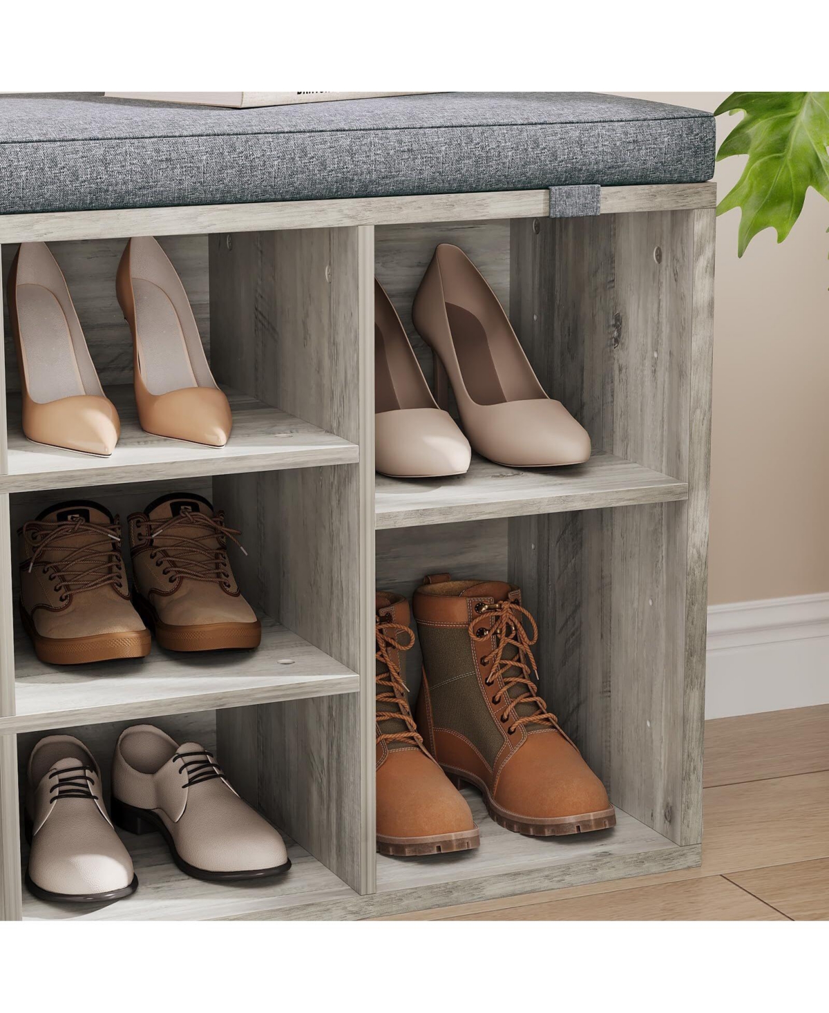 gaomon Shoe Storage Bench with Cushion, 20" Cubby Seat Shoe Cabinet, Cubby Seat Shoe Cabinet with 3-Tier Adjustable Shelf for Living Room Hallway, Gra