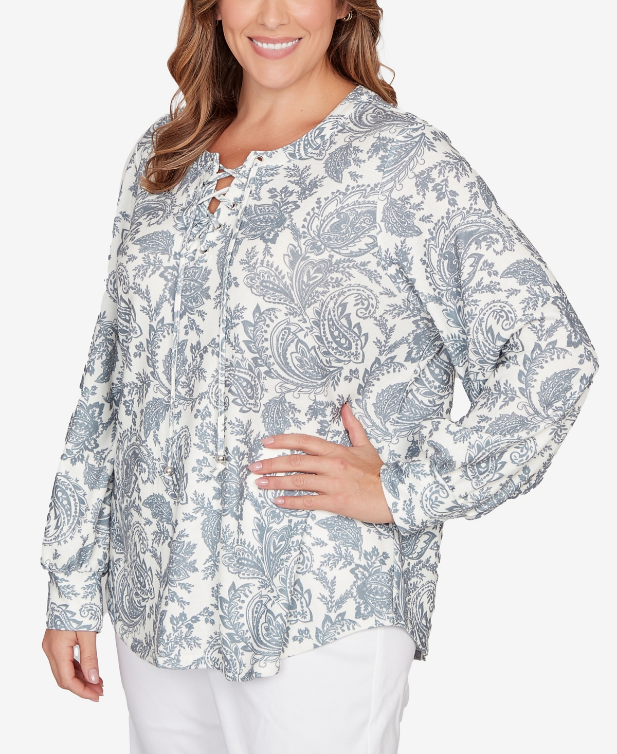 Hearts Of Palm Plus Size Printed Long Sleeve Hatchi Lace Neck Tunic Top In Gray