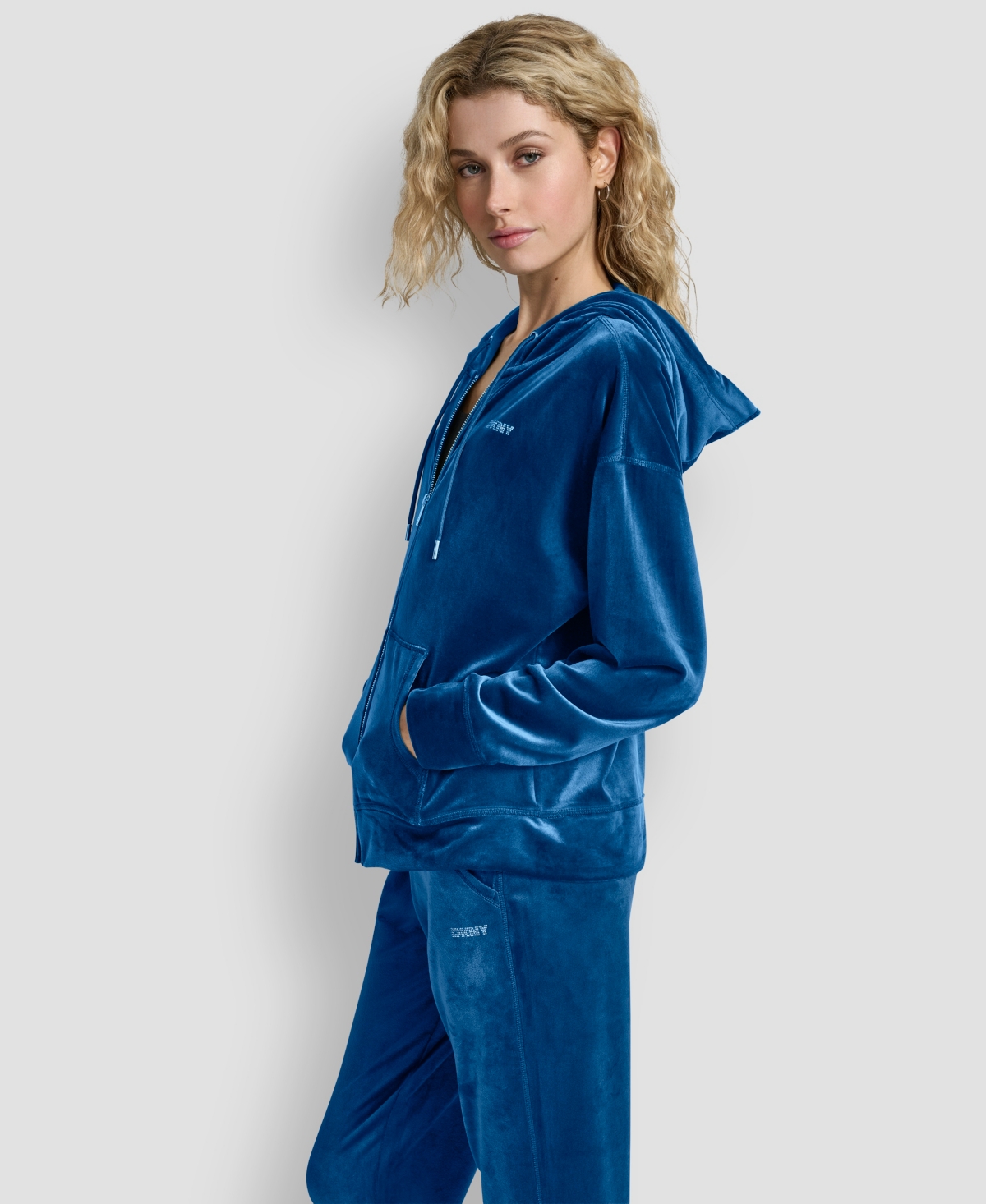 Dkny Women's Platinum Velour Rhinestone Logo Full-zip Hoodie In Blue