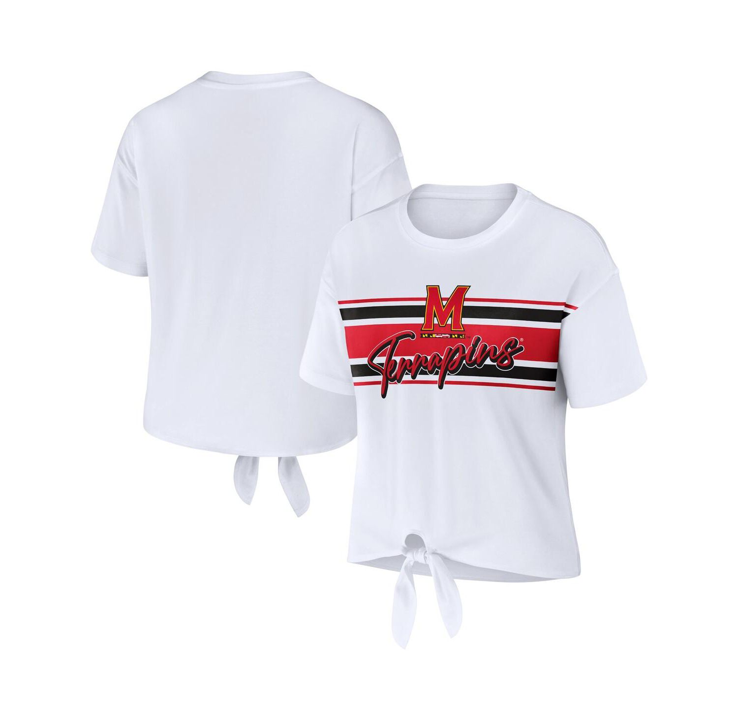 Women's White Maryland Terrapins Striped Front Knot Cropped T-Shirt