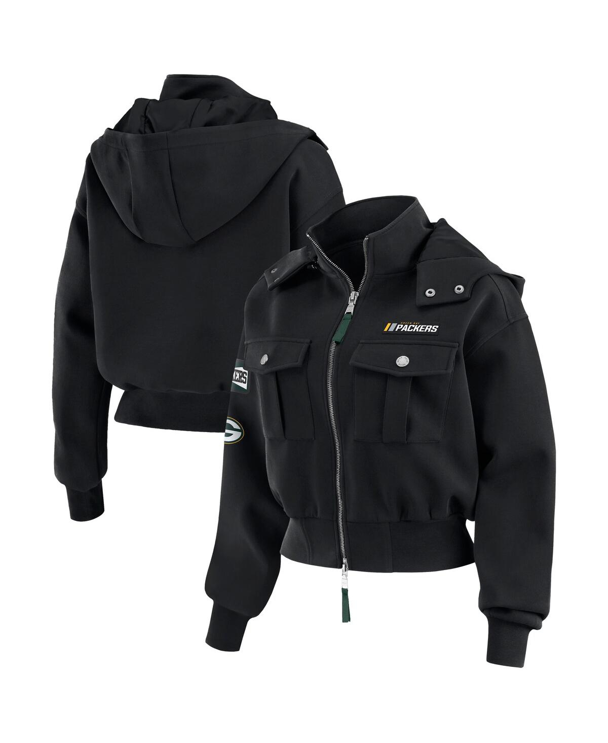 Wear By Erin Andrews Women's Black Green Bay Packers Patch Pocket Cropped Full-zip Bomber Jacket In Black