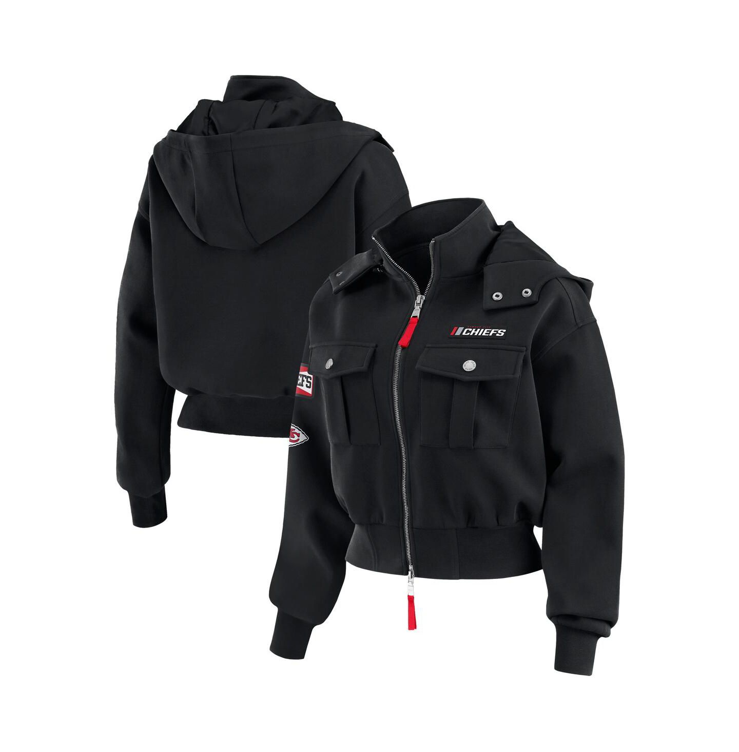 Женская куртка WEAR by Erin Andrews Black Kansas City Chiefs Patch Pocket Cropped Full-Zip Bomber — фото 1