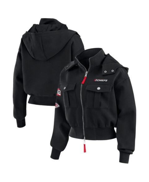 Женские куртки WEAR by Erin Andrews Women's Black Kansas City Chiefs Patch Pocket Cropped Full-Zip Bomber Jacket