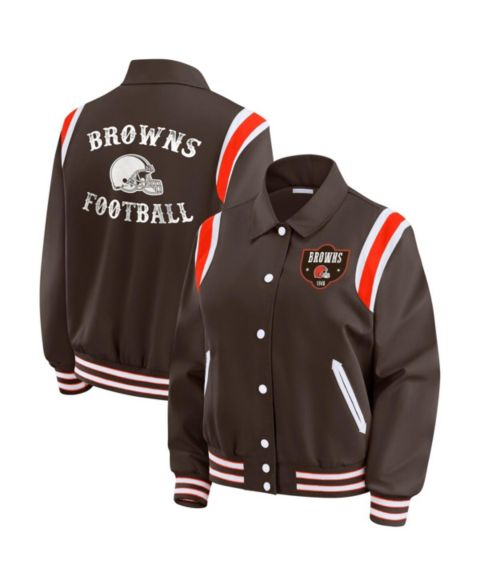 Женские куртки WEAR by Erin Andrews Women's Brown Cleveland Browns Varsity Lightweight Full-Snap Jacket