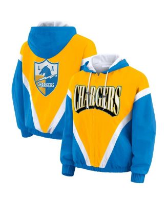 WEAR by Erin Andrews - Women's Gold/Powder Blue Los Angeles Chargers Retro Crinkle Full-Zip Hoodie Windbreaker