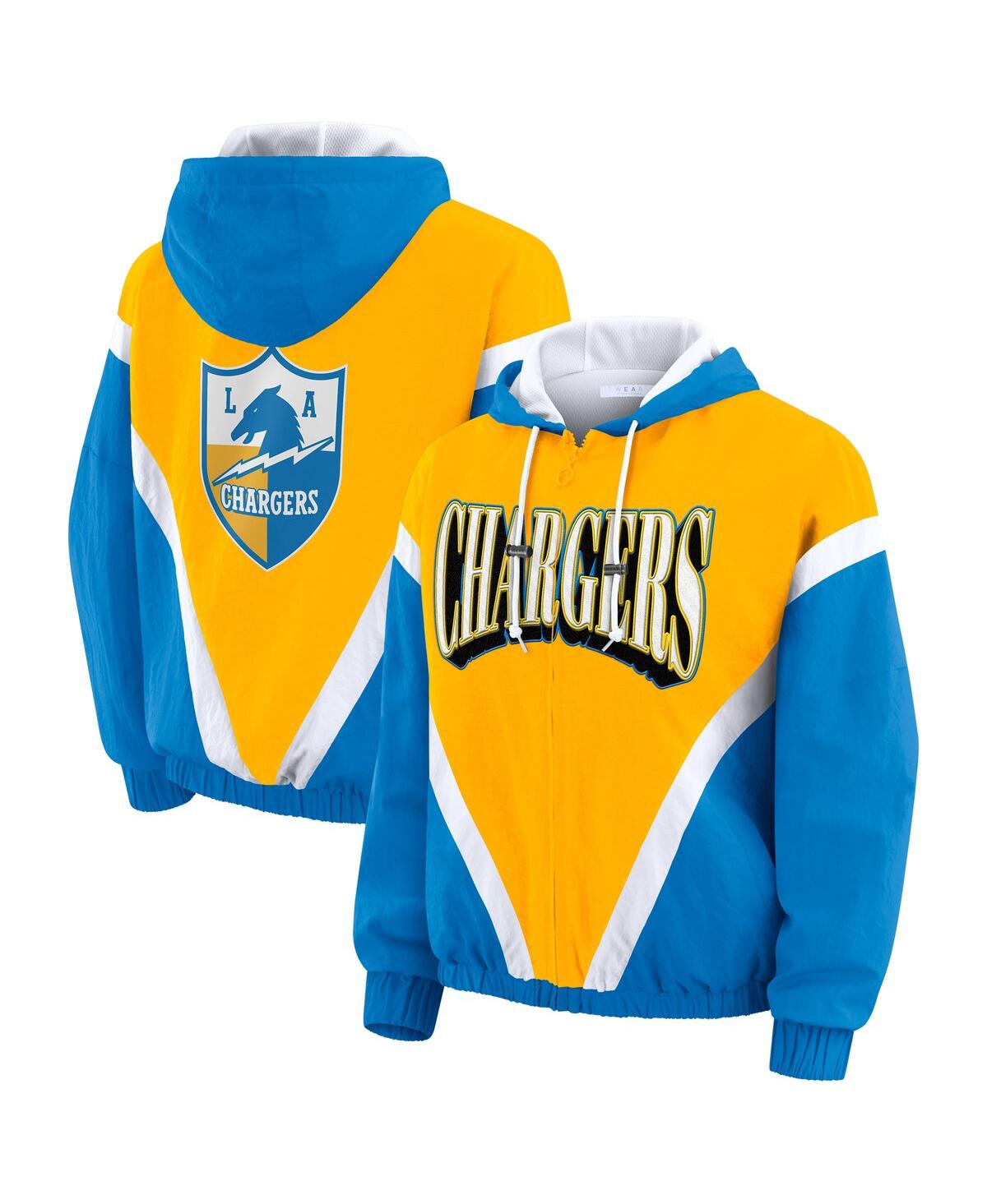 Wear By Erin Andrews Women's Gold/powder Blue Los Angeles Chargers Retro Crinkle Full-zip Hoodie Windbreaker Jacket In Multi