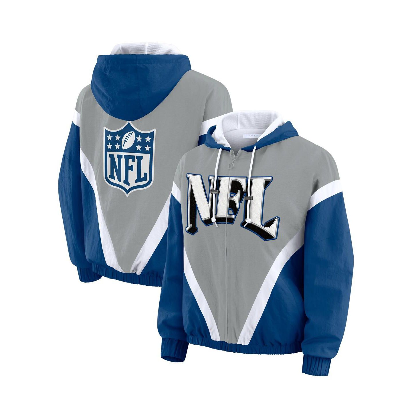 Женские худи WEAR by Erin Andrews Silver/Blue Shield Merchandise Retro Crinkle Full-Zip Windbreaker Jacket — фото 1