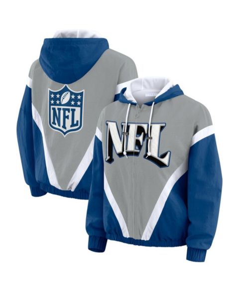 Женские худи WEAR by Erin Andrews Women's Silver/Blue Shield Merchandise Retro Crinkle Full-Zip Windbreaker Jacket