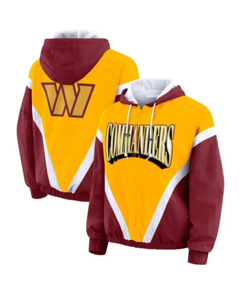 Женские худи WEAR by Erin Andrews Women's Gold/Burgundy Washington Commanders Retro Crinkle Full-Zip Windbreaker Jacket