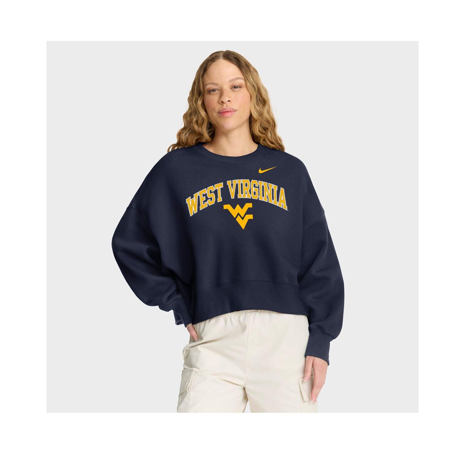 Women's Navy West Virginia Mountaineers Oversized Phoenix Arch Pullover Sweatshirt