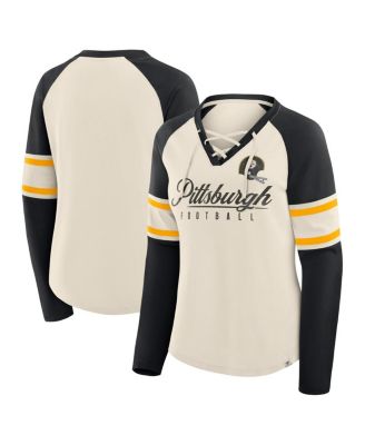 Fanatics - Women's Cream/Black Pittsburgh Steelers Hometown Gridiron Hero Raglan Lace-Up V-Neck Long Sleeve T-Shirt