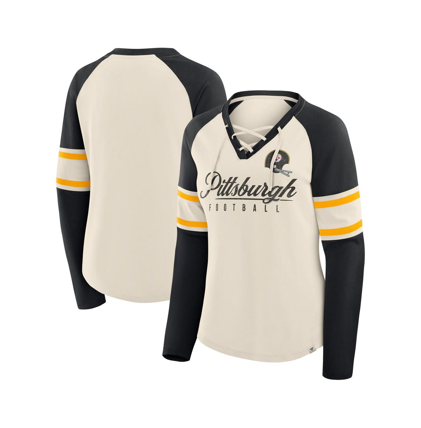 Женская футболка Fanatics Cream/Black Pittsburgh Steelers Hometown Gridiron Hero Raglan Lace-Up V-Neck Long Sleeve — фото 1