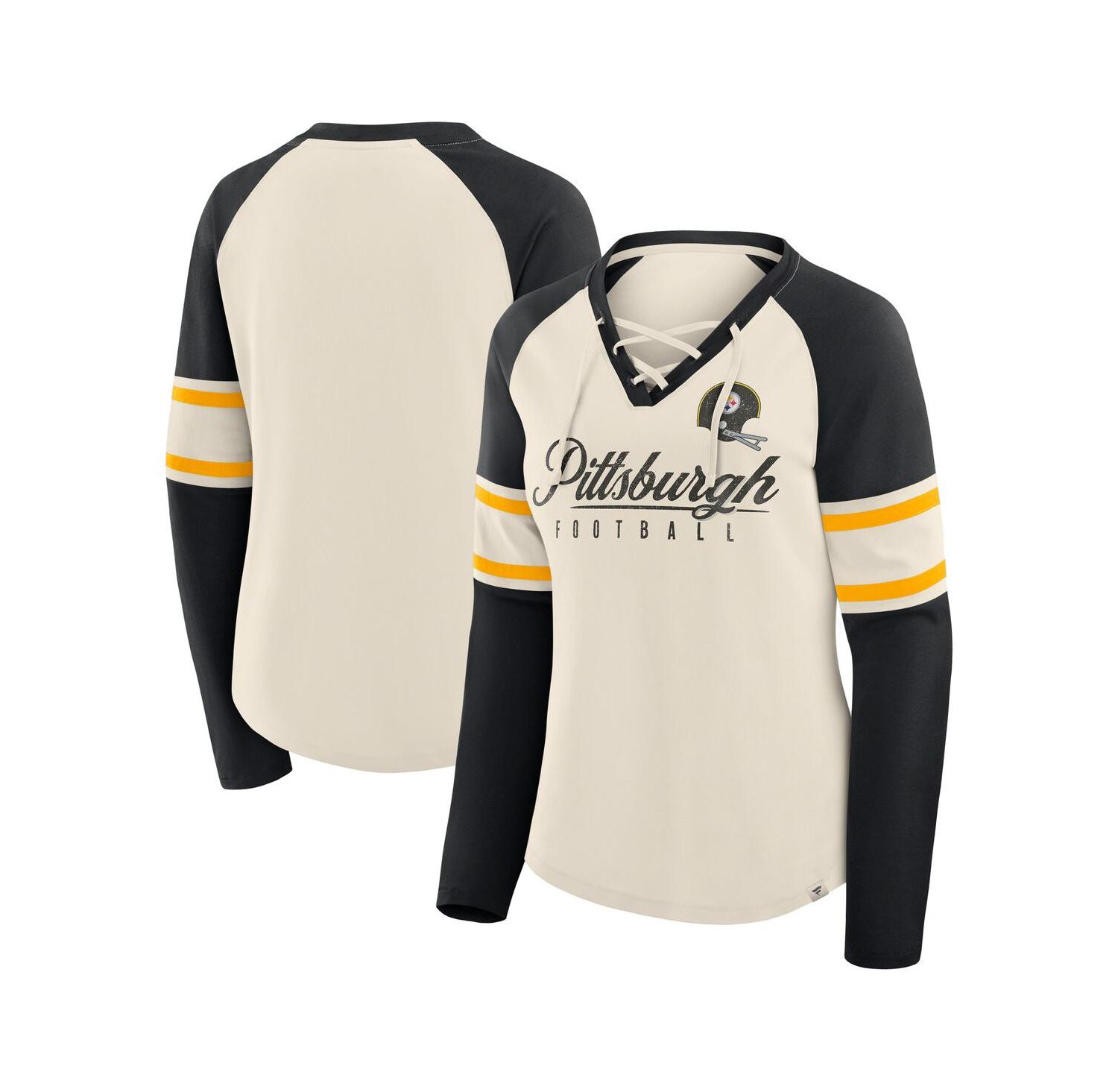 Women's Cream/Black Pittsburgh Steelers Hometown Gridiron Hero Raglan Lace-Up V-Neck Long Sleeve T-Shirt
