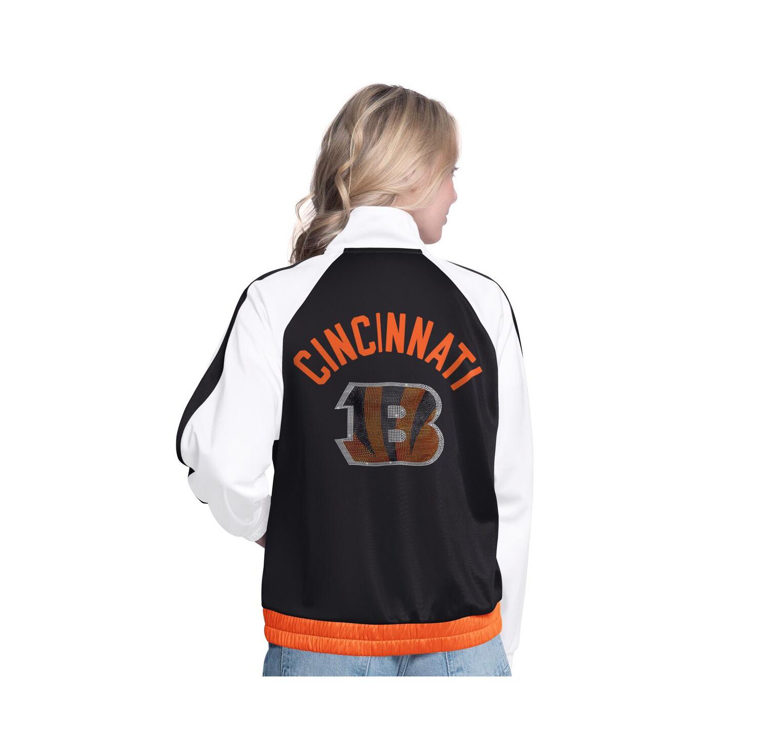 Women's White/Black Cincinnati Bengals Rally Rhinestone Full-Zip Track Jacket