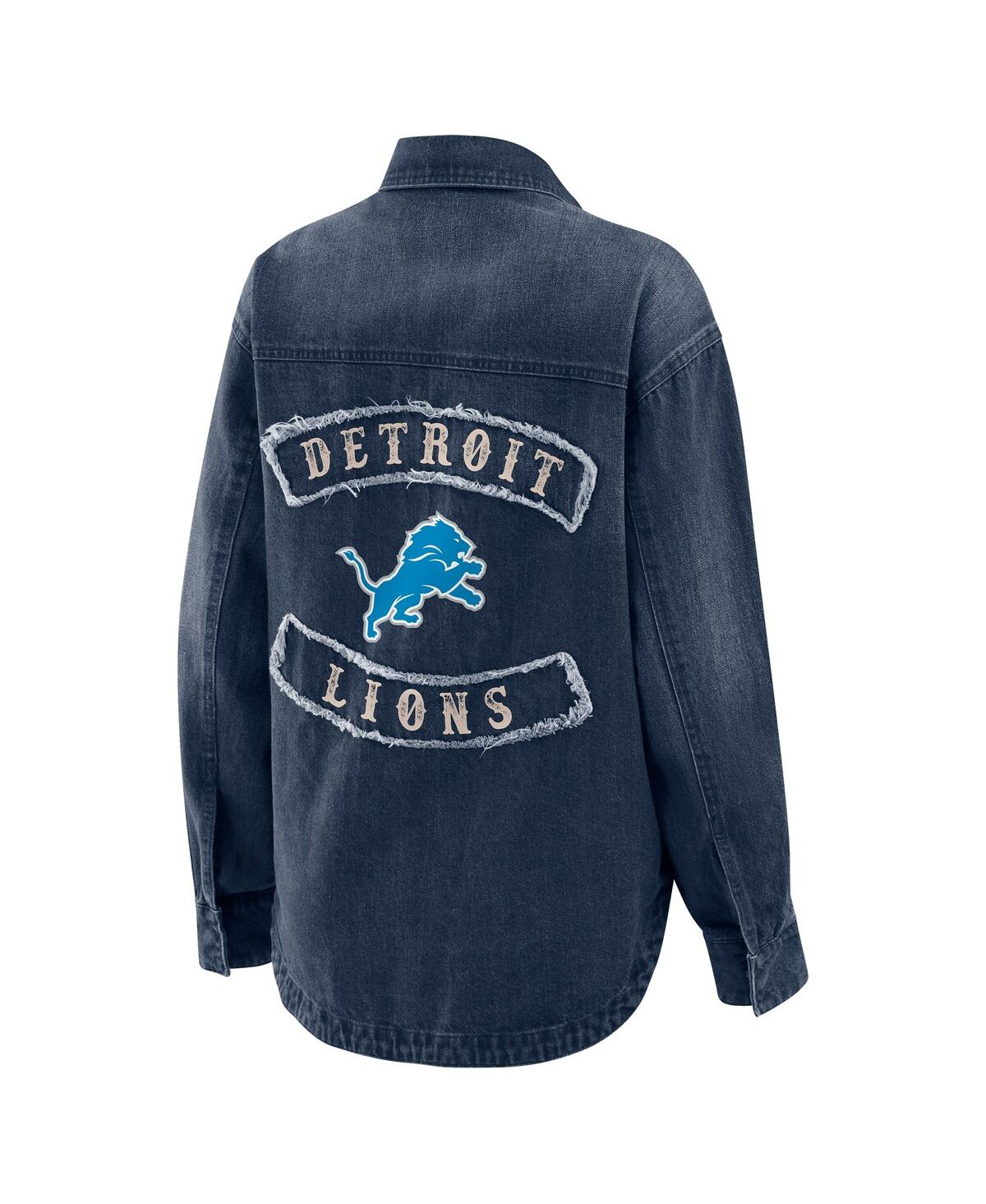 Wear By Erin Andrews Women's Denim Detroit Lions Washed Oversized Denim Full-snap Shacket In Blue