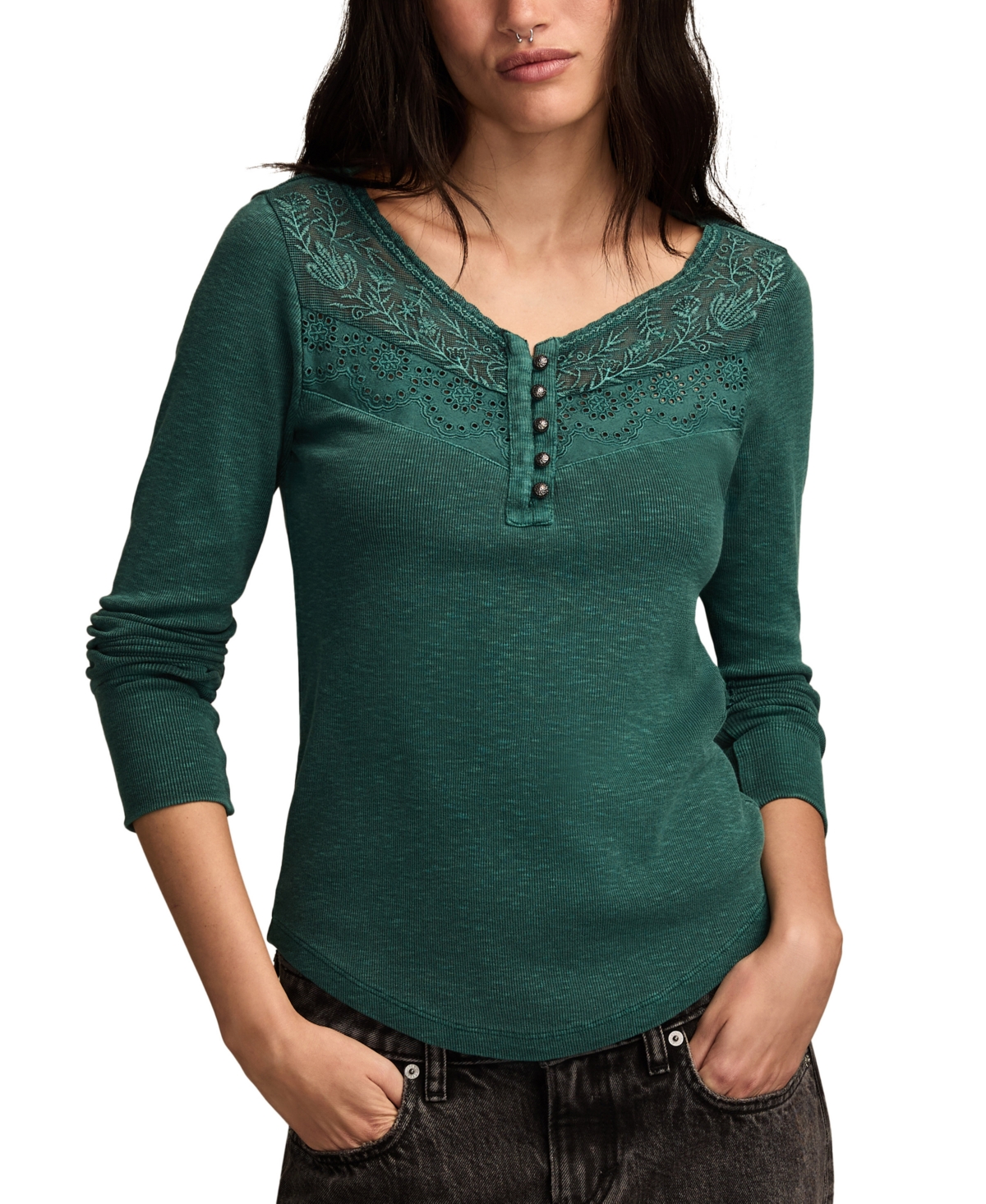 Lucky Brand Women's Lace-Yoke Henley Top